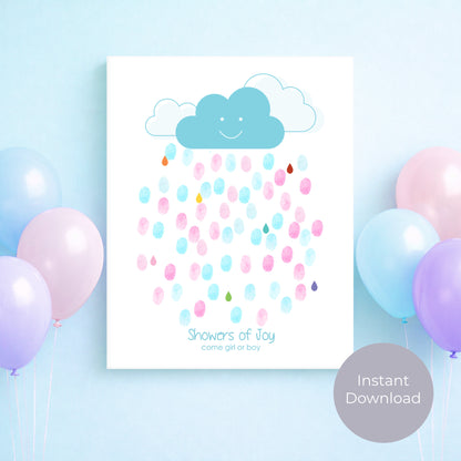 Poster with cloud and fingerprint design surrounded by balloons on a light blue background