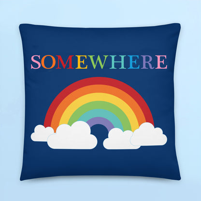 Somewhere Over the Rainbow cushion cover with colourful rainbow and clouds on a navy blue background for kids bedrooms and playrooms