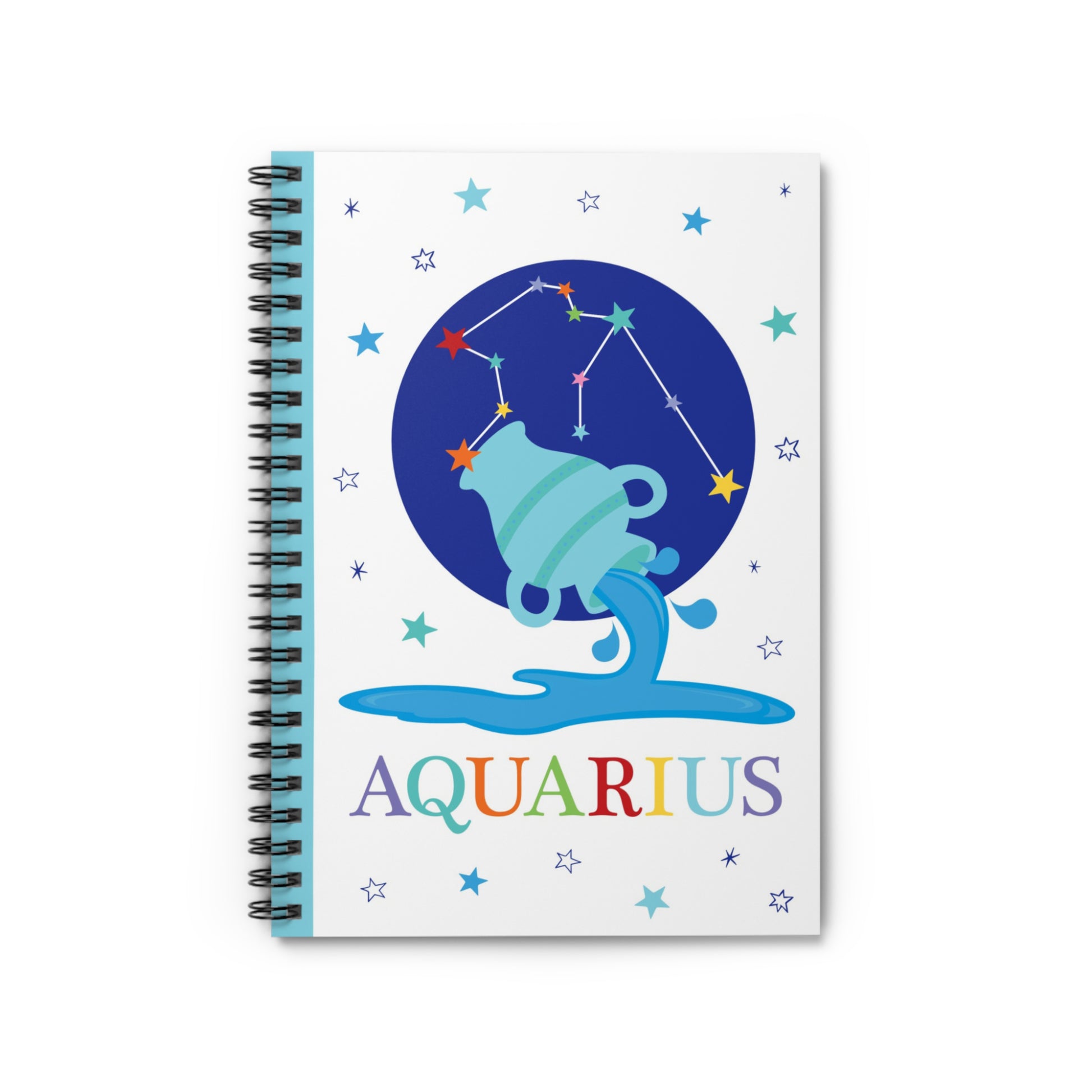 Aquarius zodiac spiral notebook featuring a playful illustration of a water jug pouring water, with the Aquarius constellation above in a bold blue circle. Surrounded by colourful stars and rainbow Aquarius lettering at the bottom.