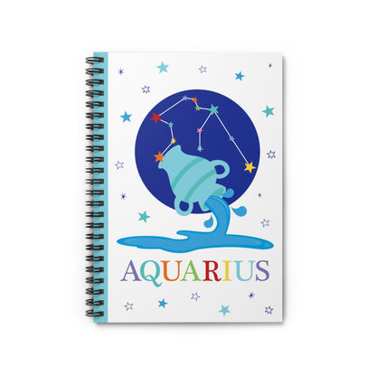 Aquarius zodiac spiral notebook featuring a playful illustration of a water jug pouring water, with the Aquarius constellation above in a bold blue circle. Surrounded by colourful stars and rainbow Aquarius lettering at the bottom.