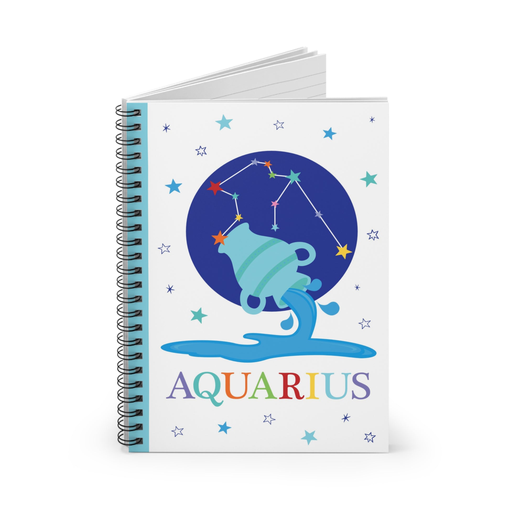 Aquarius zodiac notebook showing ruled pages, spiral binding, and a glimpse of the colourful front cover design with constellation and stars.
