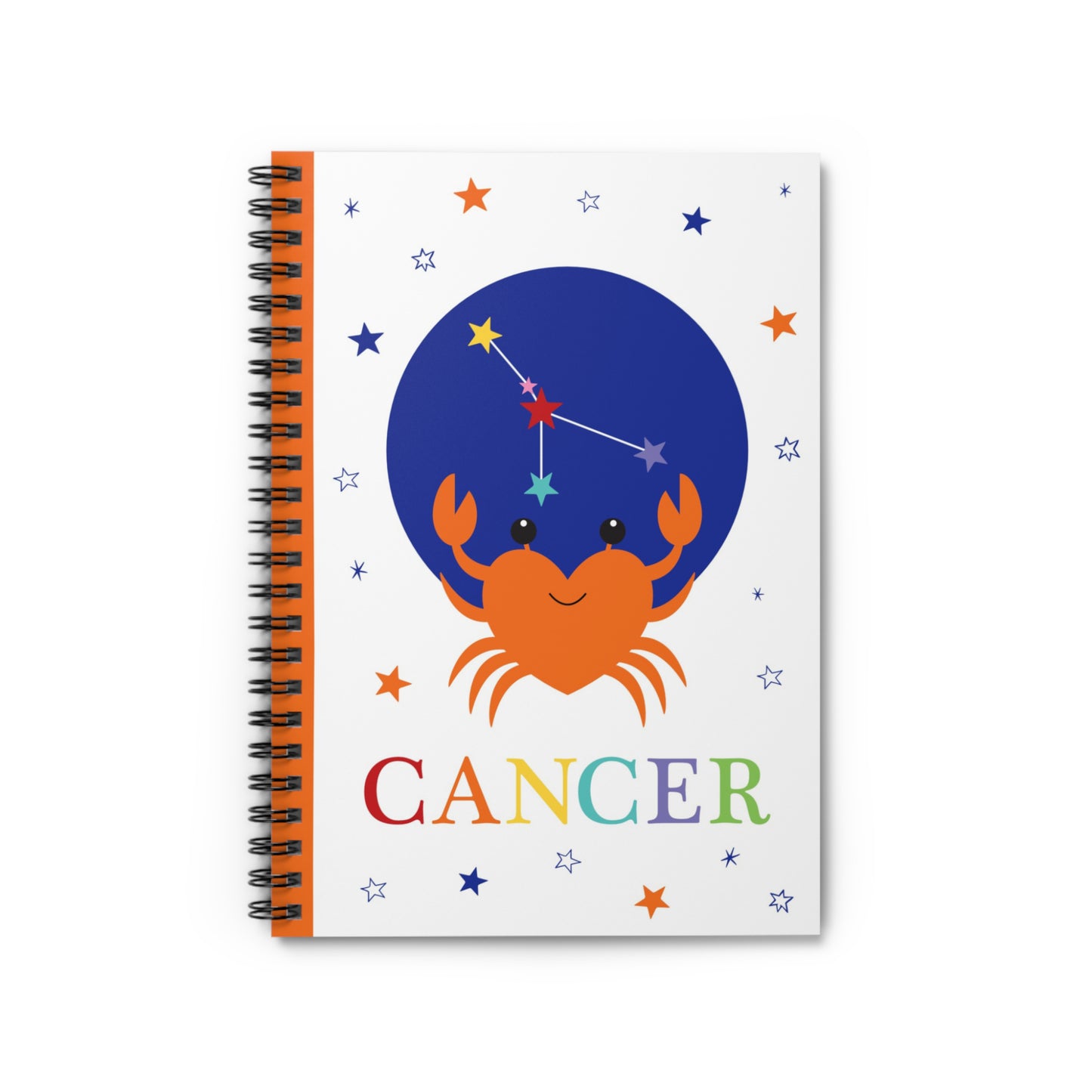 Front cover of Cancer zodiac spiral notebook featuring a cute orange crab and constellation on white background