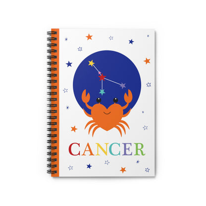 Front cover of Cancer zodiac spiral notebook featuring a cute orange crab and constellation on white background