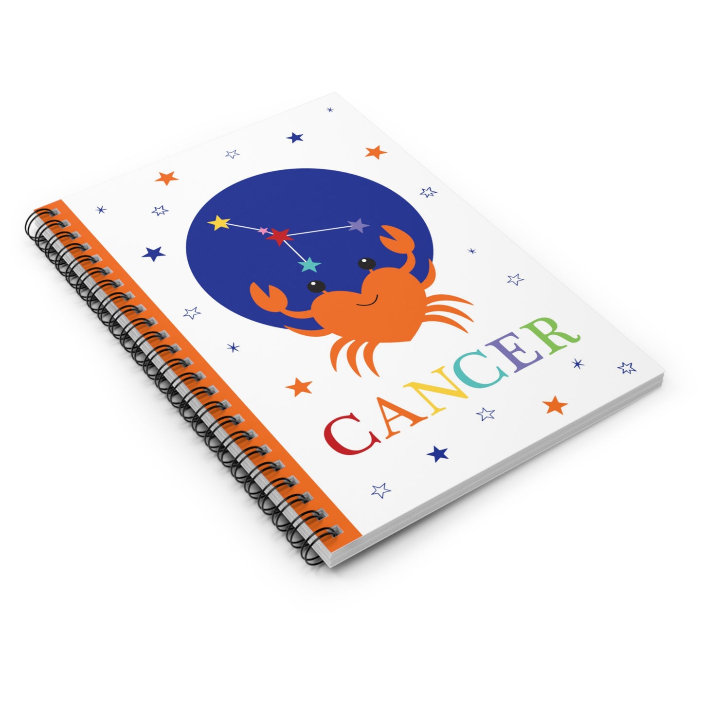 Angled view of Cancer star sign notebook with colourful crab illustration and rainbow Cancer lettering