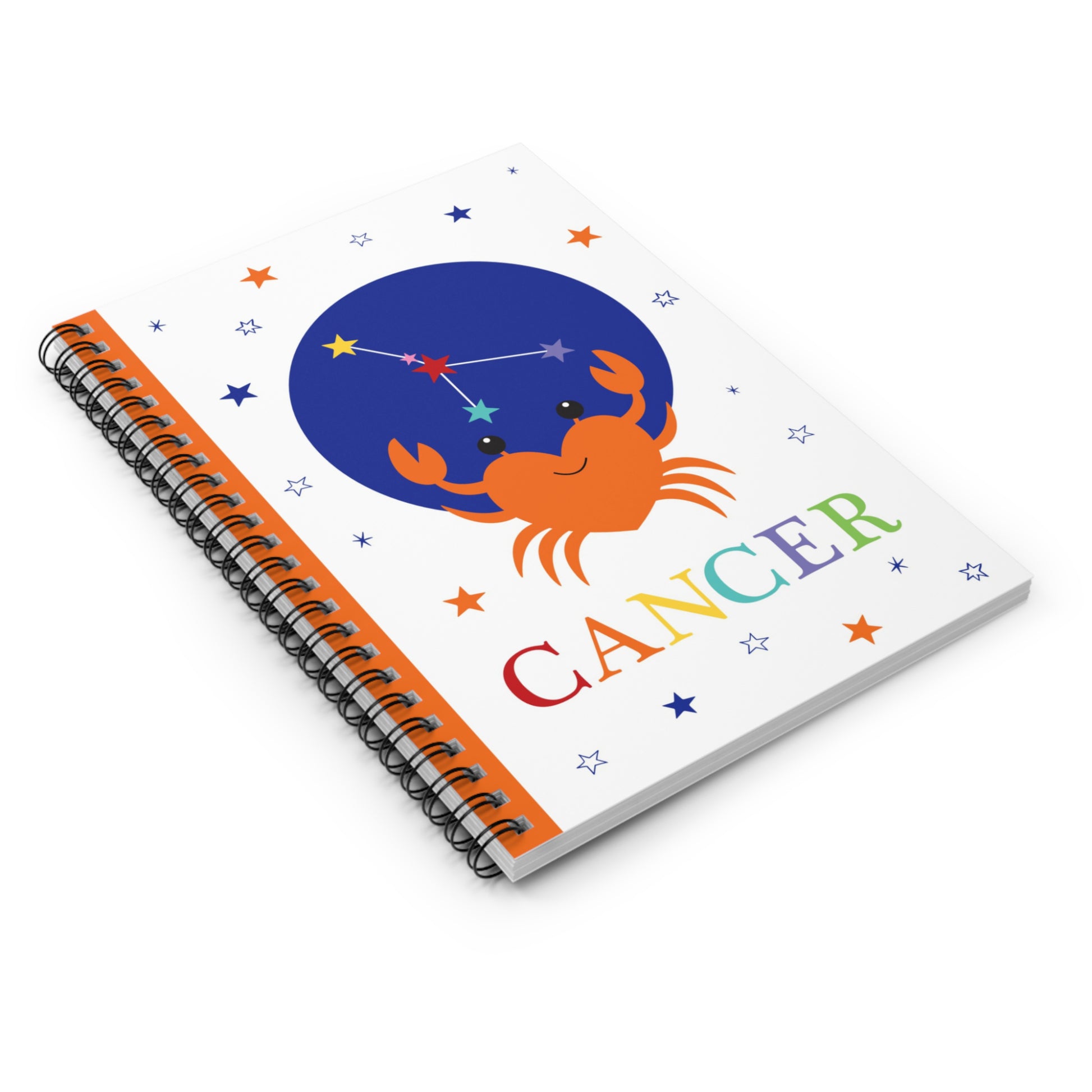 Angled view of Cancer star sign notebook with colourful crab illustration and rainbow Cancer lettering