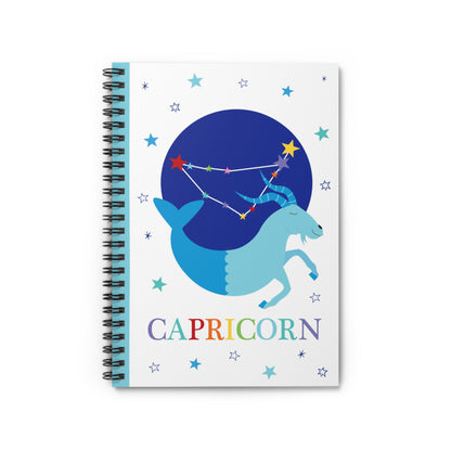 Front cover showing a playful Capricorn sea-goat illustration beneath a dark blue night sky with colourful constellation and rainbow text