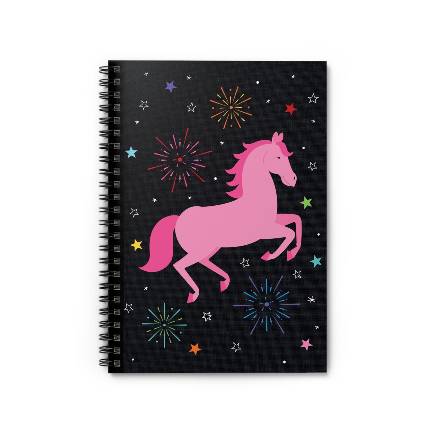 Notebook with a pink horse design on a black background with colorful stars and fireworks
