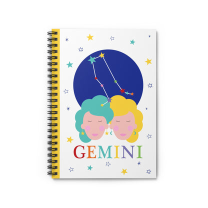 Front cover of Gemini zodiac spiral notebook with constellation and colourful twin illustration