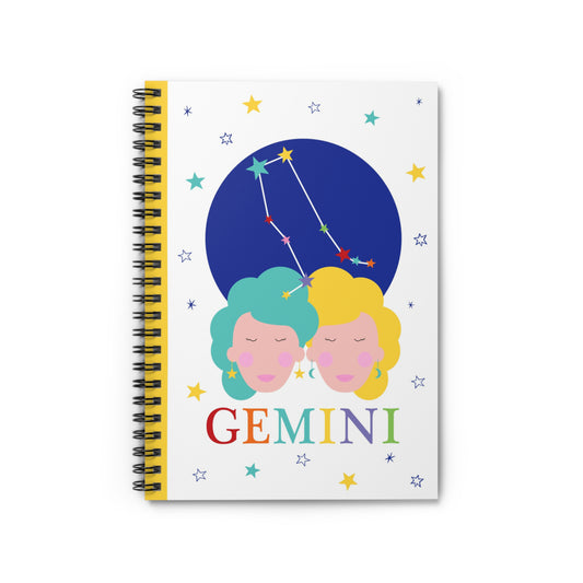 Front cover of Gemini zodiac spiral notebook with constellation and colourful twin illustration