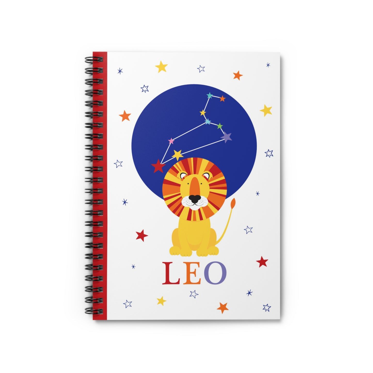 Front cover of spiral-bound Leo zodiac notebook with bright lion illustration and constellation