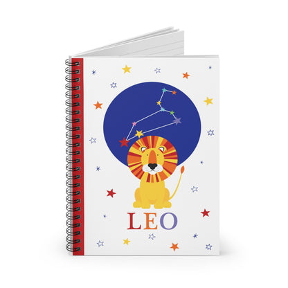Open Leo notebook showing lined pages and colourful back pocket