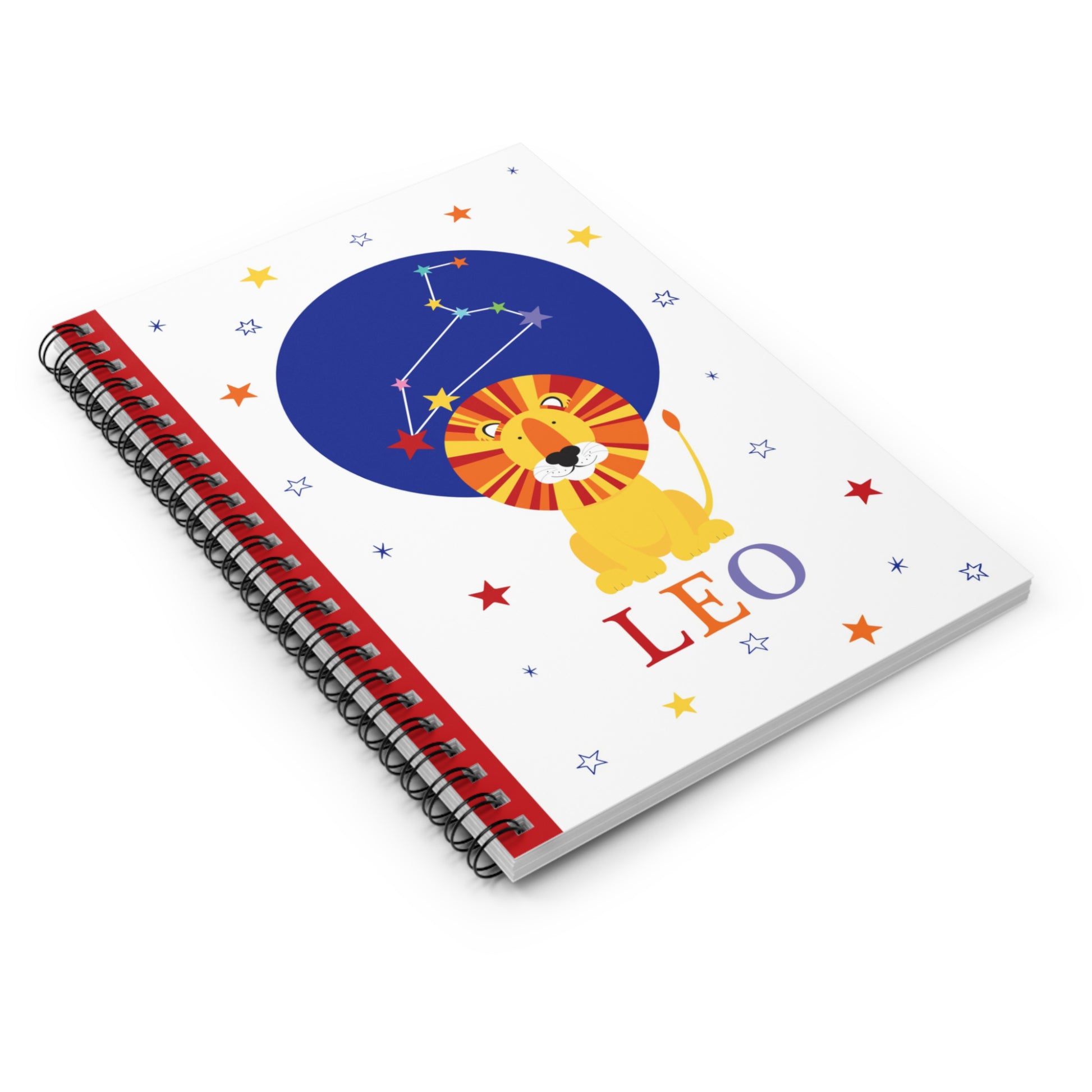 Angled view of Leo star sign notebook with red spine and rainbow stars