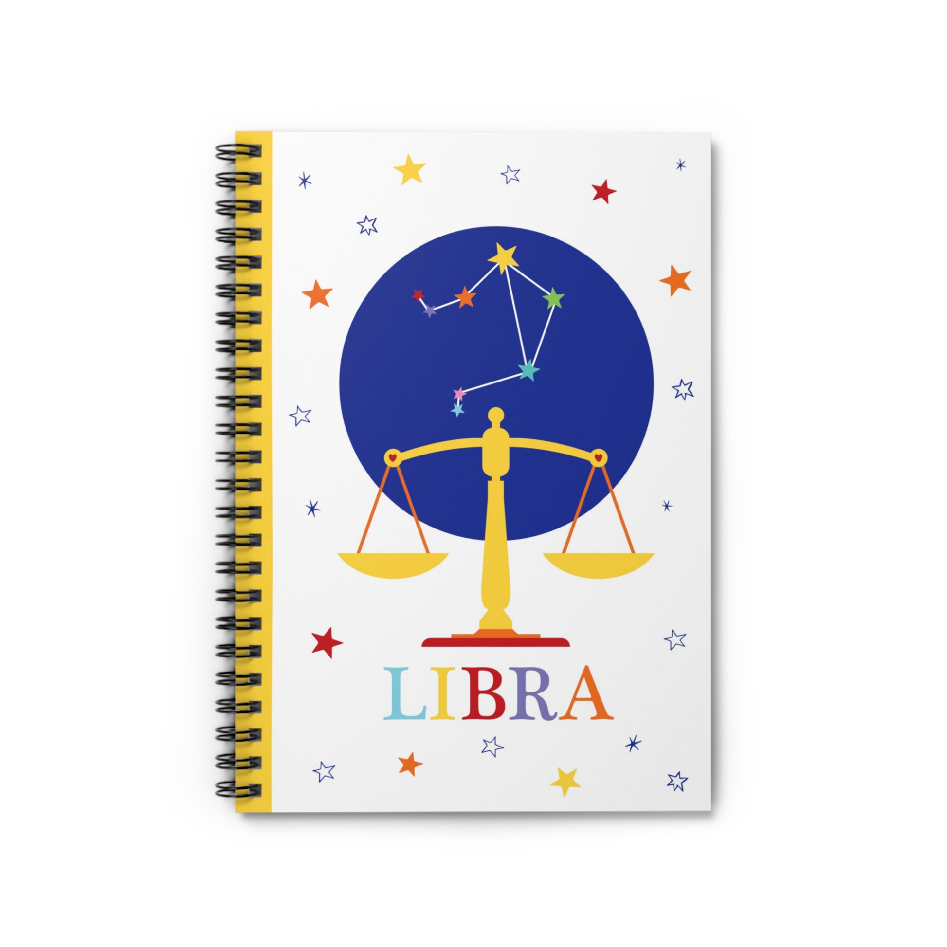 Front cover of Libra notebook featuring a golden scale, constellation, and colourful stars