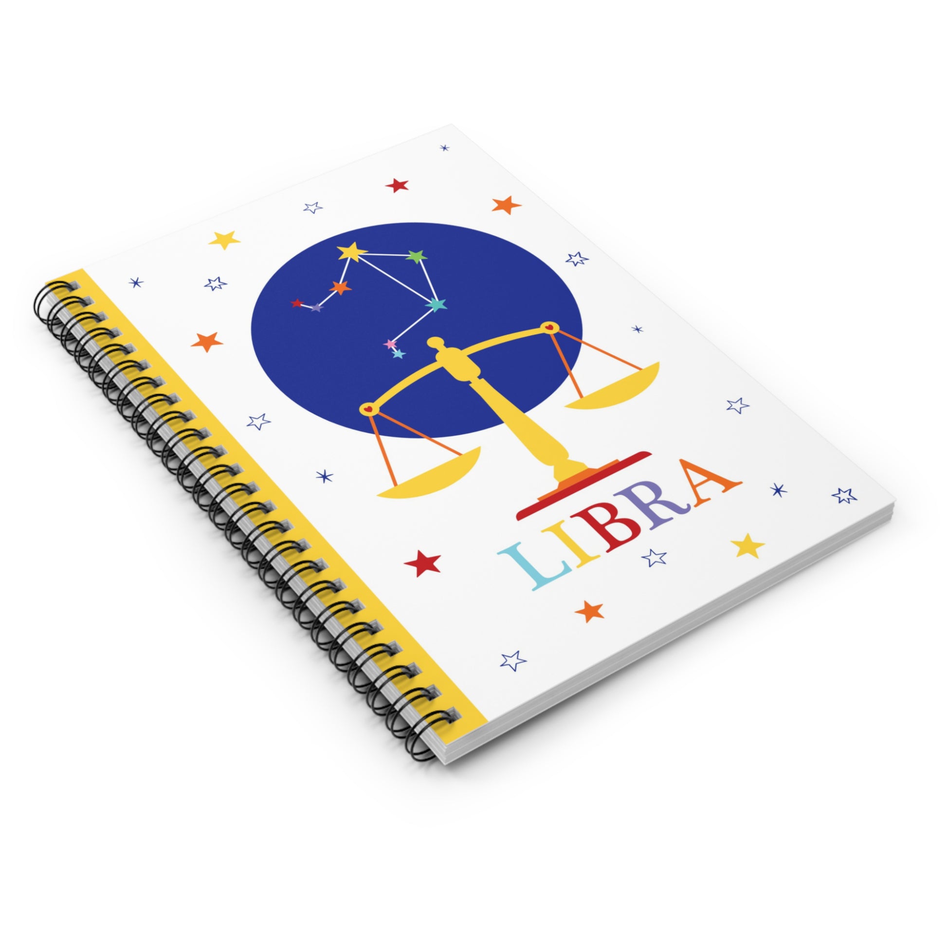 Angled view of Libra star sign notebook showing thickness and side binding
