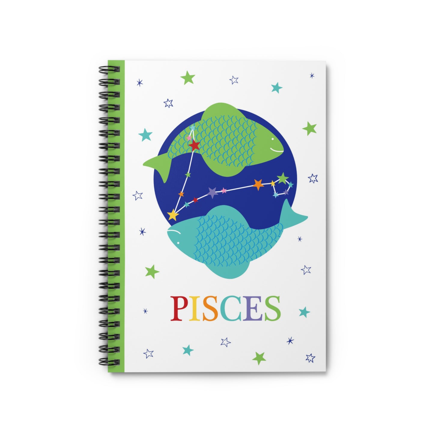 Pisces spiral notebook with colourful fish swimming around a navy starry circle, constellation above, and “PISCES” in rainbow text on the cover.