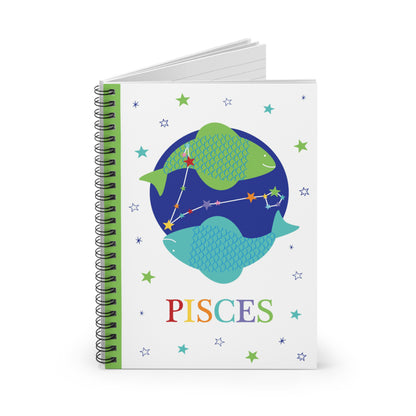 Pisces notebook partially open showing ruled pages inside, with the bright zodiac themed cover still clearly visible.