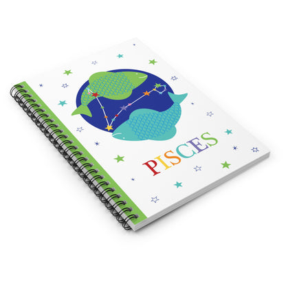 Angled view of Pisces zodiac spiral notebook showing the illustrated fish design, constellation, and vibrant rainbow title.