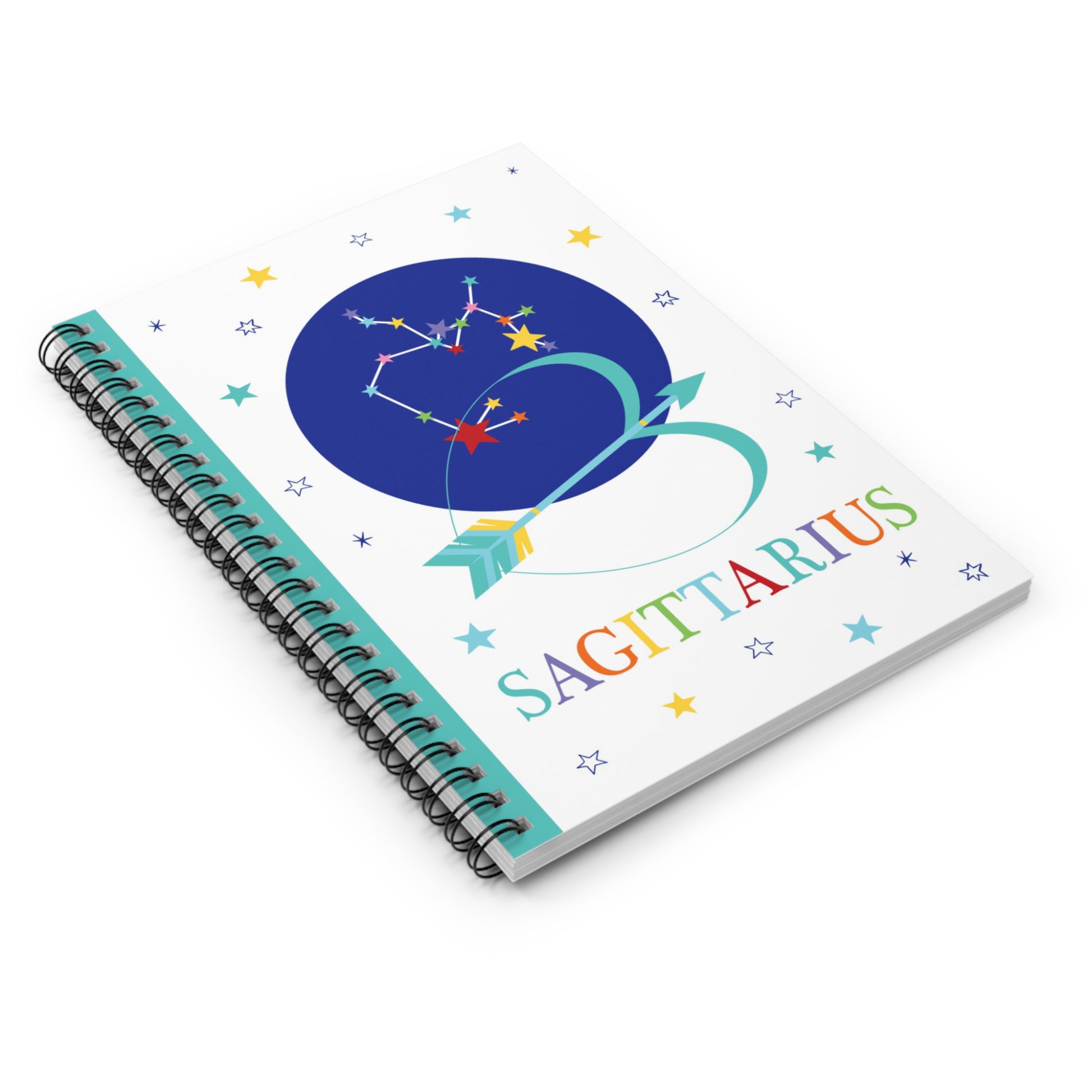 Angled view of the Sagittarius zodiac spiral notebook, showing vibrant colours and sturdy spiral binding.