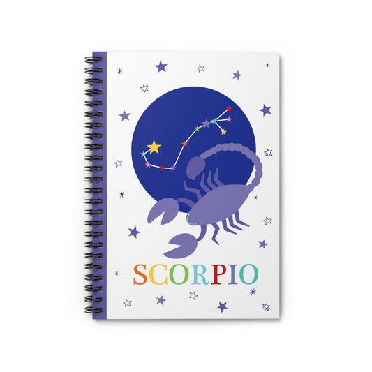 Front cover of Scorpio zodiac notebook with purple scorpion and star constellation on a white background