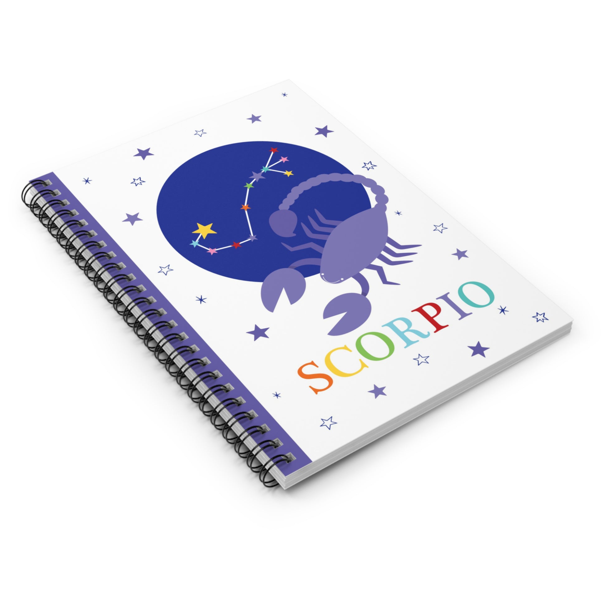 Angled view of colourful Scorpio zodiac notebook with vibrant purple and rainbow text