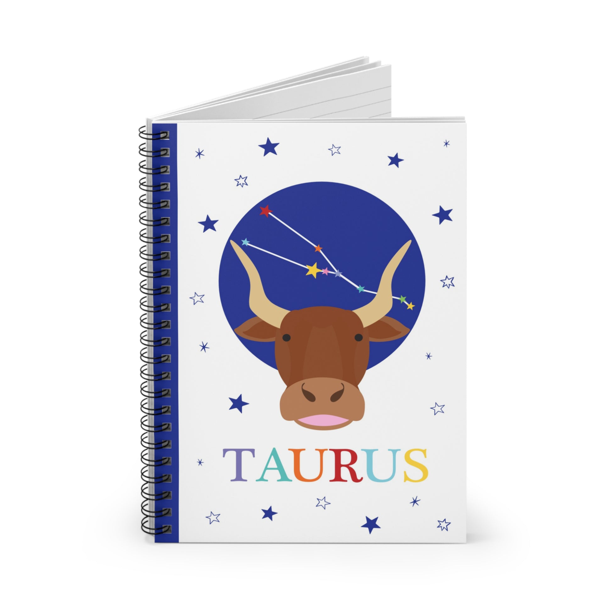 Inside view of the Taurus zodiac notebook showing lined pages and durable spiral binding.