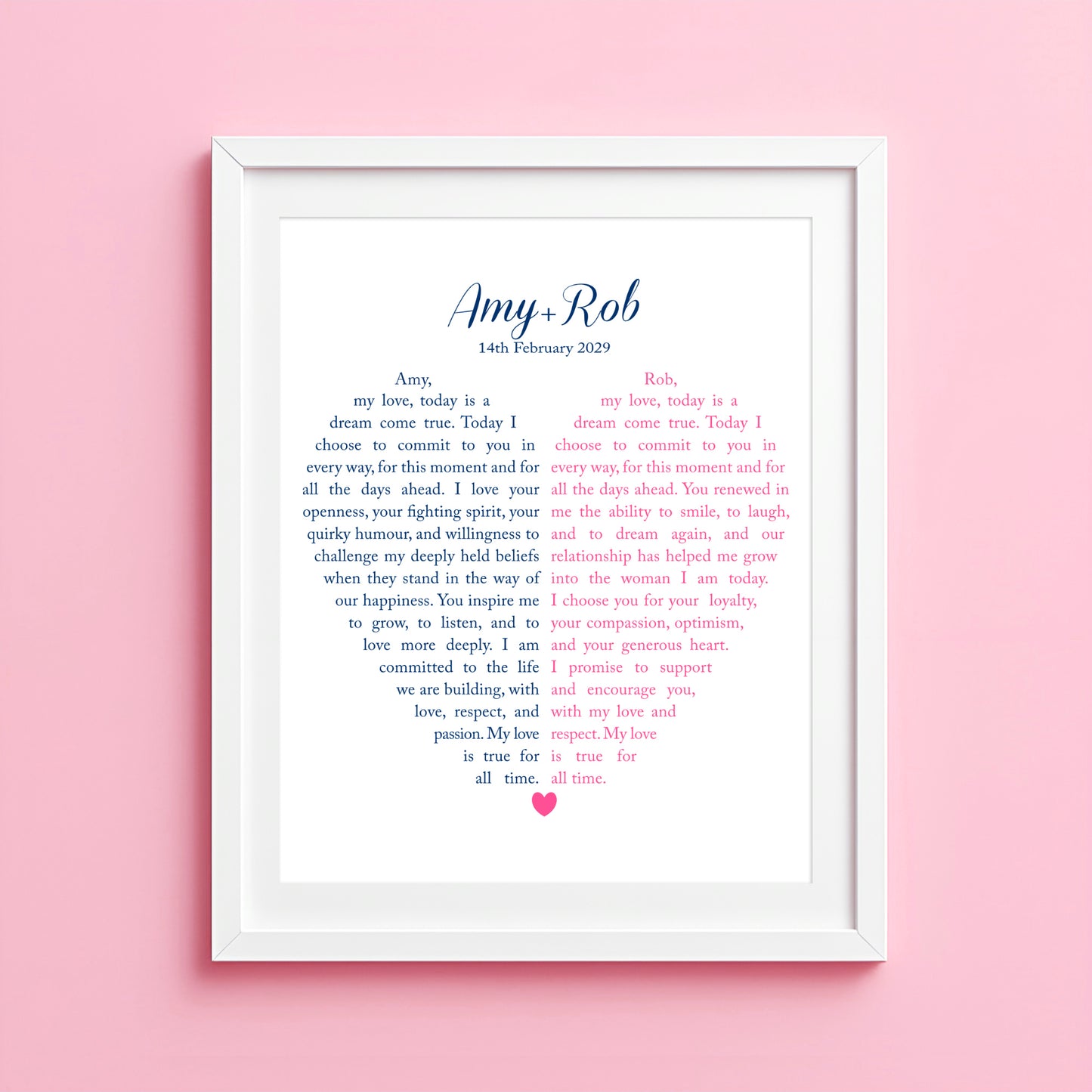 Custom wedding vow art split into two sections in a love heart shape