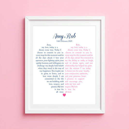 Custom wedding vow art split into two sections in a love heart shape