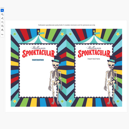 Editable Halloween Spooktacular party invitation PDF shown in Adobe Acrobat Reader with two colourful circus style invitations per page and editable text fields.