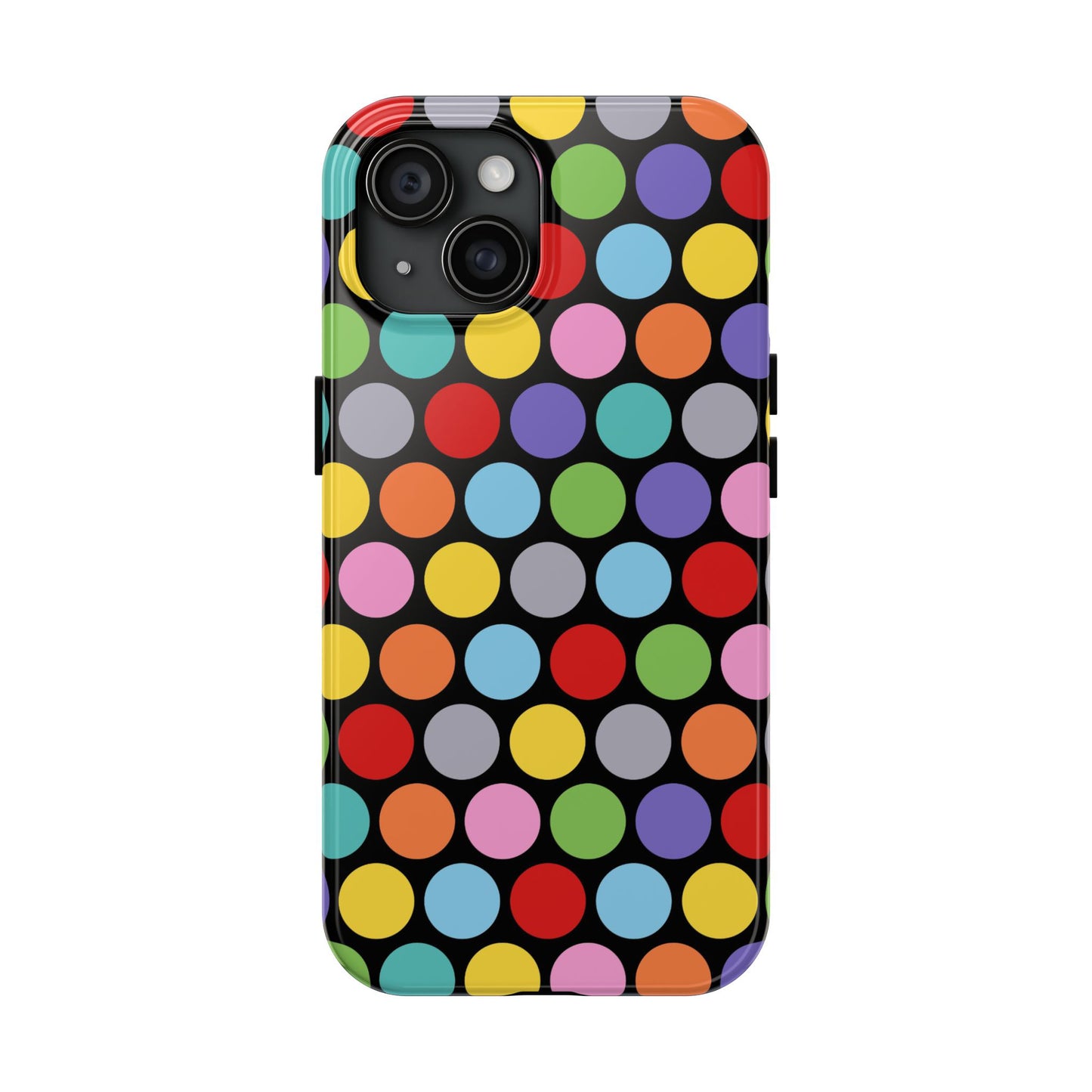 Bright and playful spots in rainbow colours, interspersed with subtle grey dots against a black background on a phone case