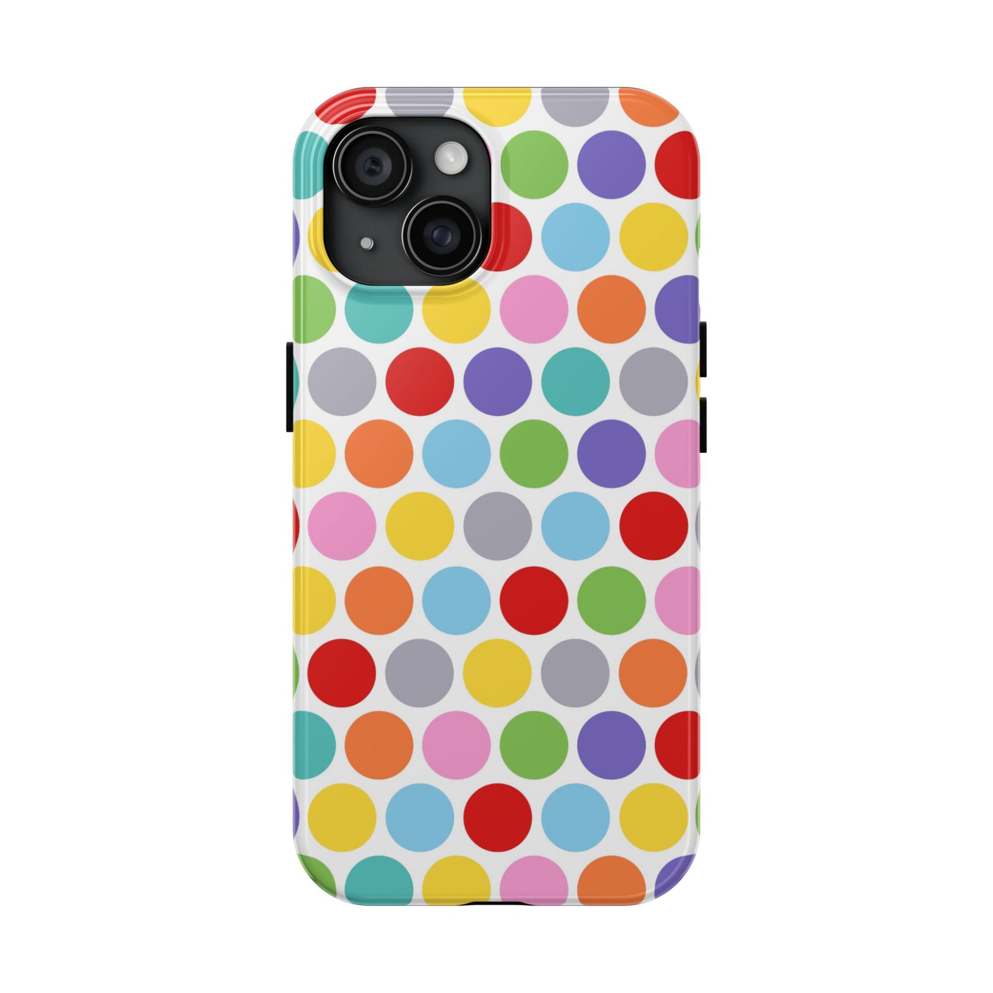 playful spots in rainbow colours, interspersed with subtle grey dots against a crisp white background on a phone case