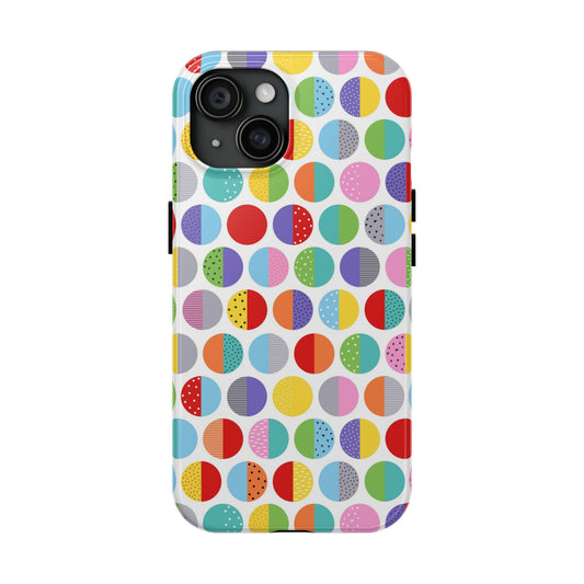  phone case features a vibrant and playful design with an array of colourful, split-tone spots divided into two contrasting halves with different colours and patterns. 