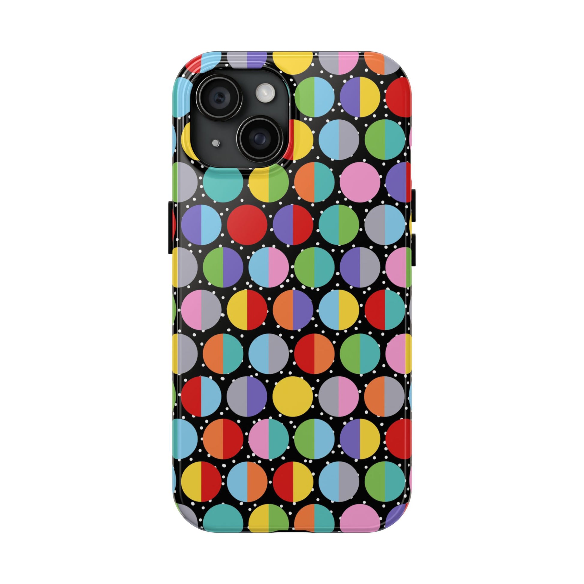 phone case features a vibrant and playful design with an array of colourful, split-tone spots set against a black background sprinkled with white dots