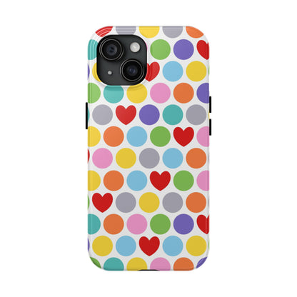 phone case features a vibrant and playful design with an array of colourful spots with red love hearts