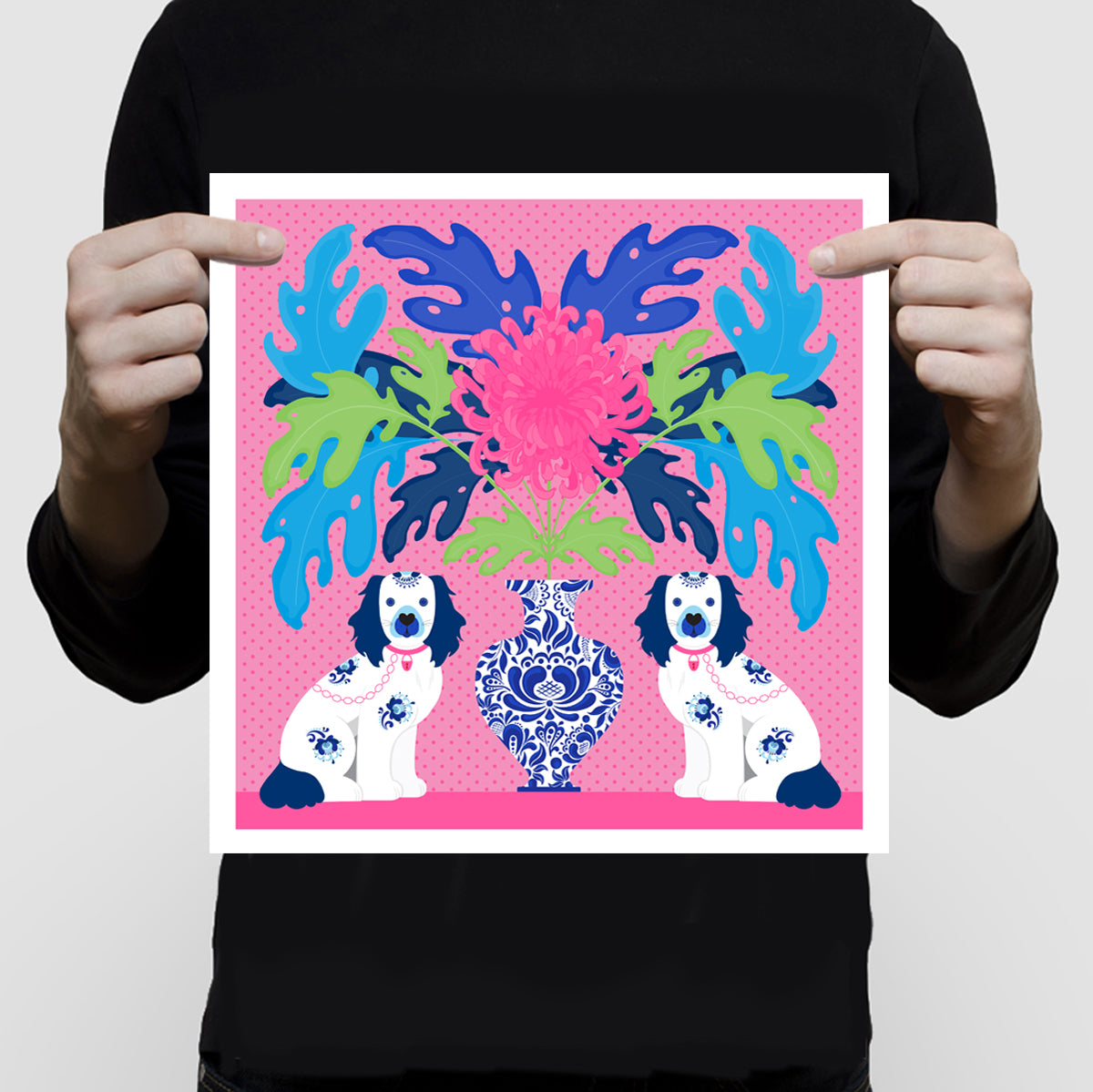 Staffordshire dogs and chrysanthemum print