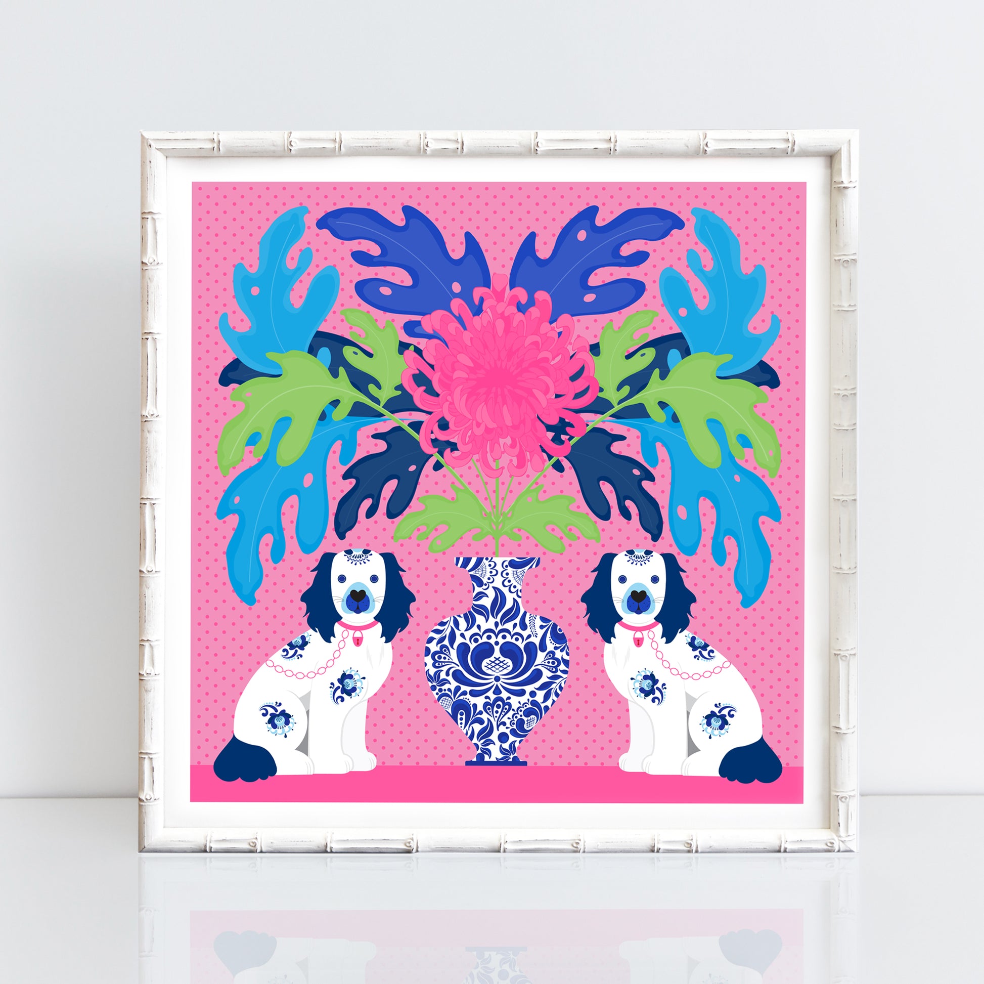 bold and fun original illustration of Staffordshire dog figurines, the classic spaniel shown in blue and white china sitting with a ginger jar with a single bright pink chrysanthemum flower and colouful leaves