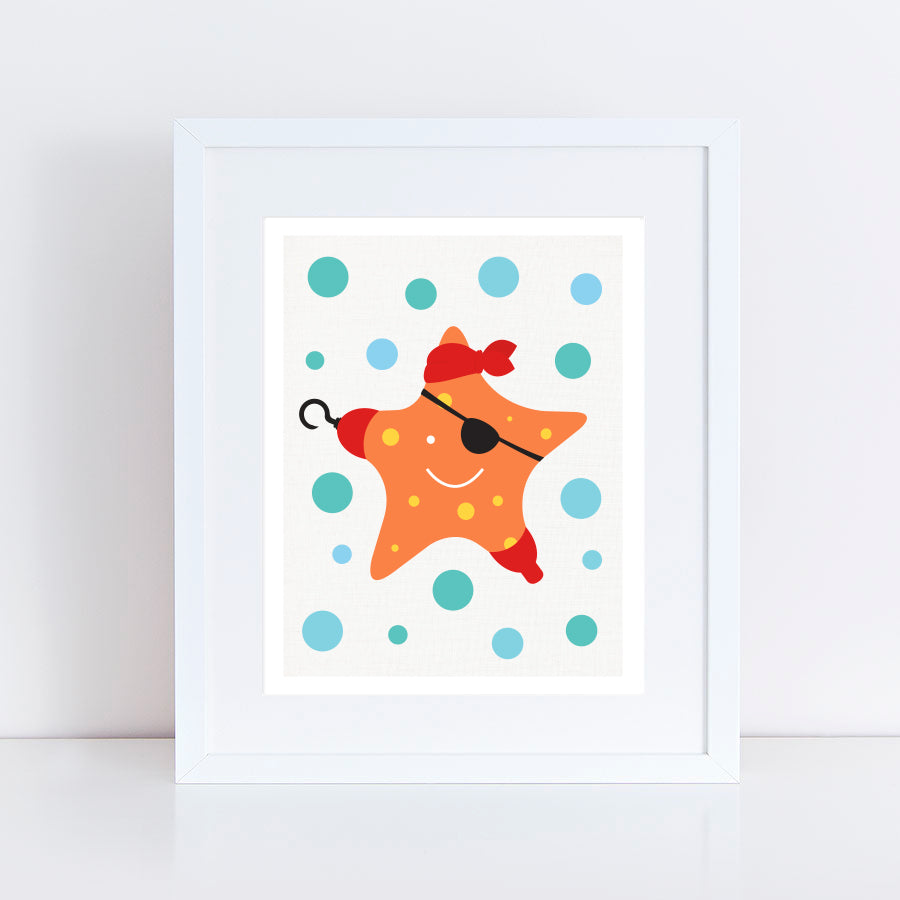 pirate starfish print with his eye patch, peg leg and hook.