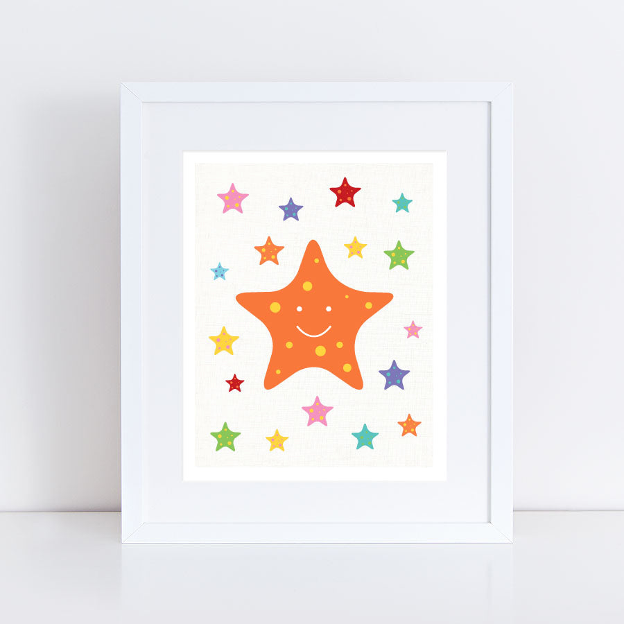 Colourful starfish art print with large orange starfish surrounded by smaller sea stars