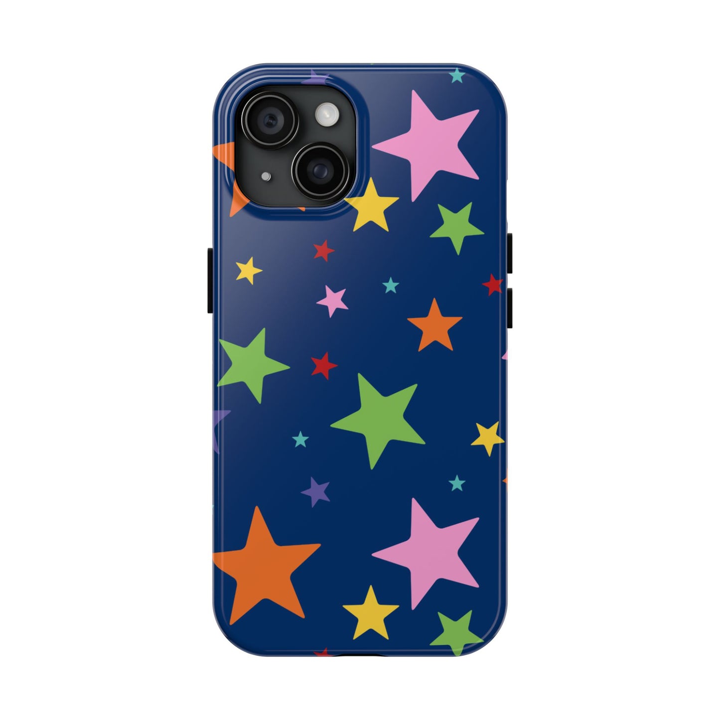 phone case features a dazzling design with a galaxy of brightly coloured stars in various sizes, scattered across a deep blue background. The vibrant mix of pink, orange, green, yellow, and purple stars creates a lively and whimsical pattern