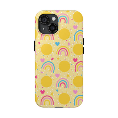 phone case showcases a lively design with vibrant rainbows, radiant suns, twinkling stars, and sweet hearts, all set against a sunny yellow backdrop