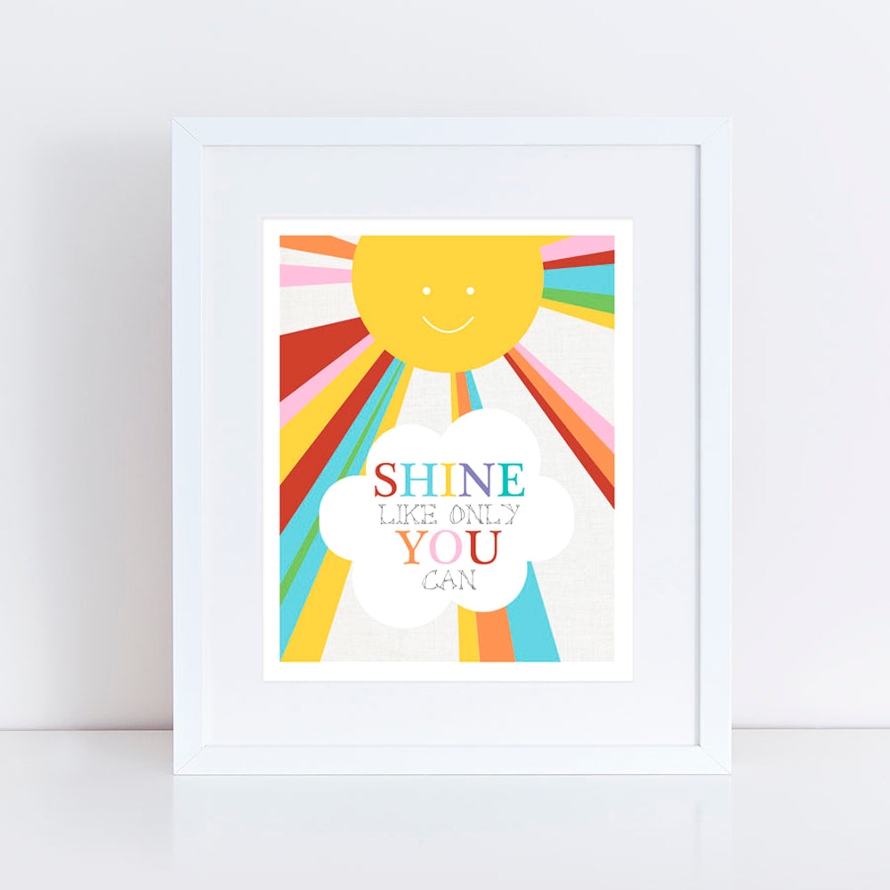 Colouful sun print with rainbow beams of light and Shine like only you can in a cloud