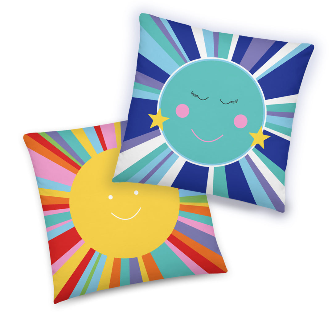 double sided colourful kids cushion cover, the sun on one side and the moon on the other