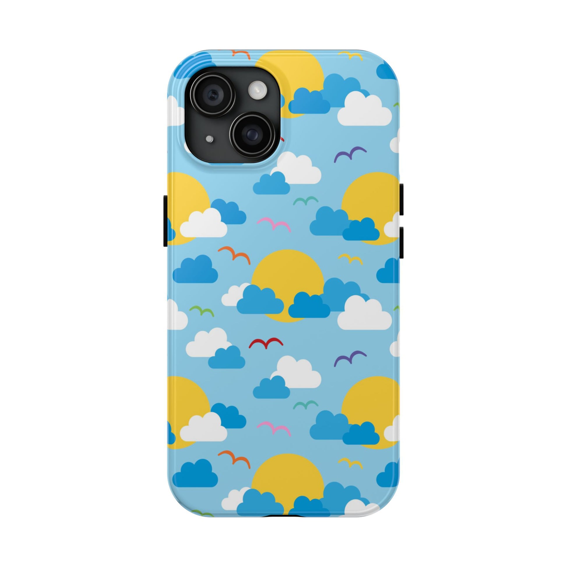 vibrant phone case features a bright blue sky filled with fluffy clouds, cheerful suns, and soaring birds