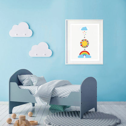 bed kids bedroom with Rain + Sun = Rainbow print and clouds on the wall