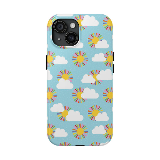 phone case features cheerful suns bursting with colourful rays amidst fluffy white clouds against a light blue sky