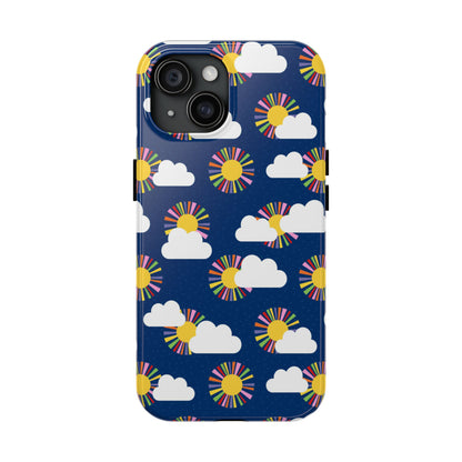 phone case features cheerful suns bursting with colourful rays amidst fluffy white clouds against a deep blue sky.