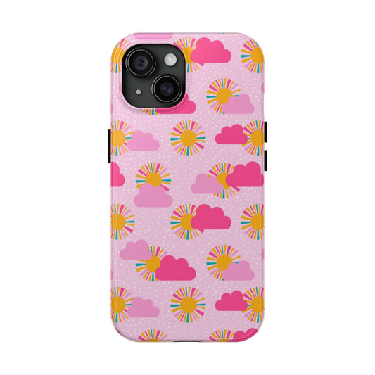 phone case features cheerful suns bursting with colourful rays amidst fluffy pink clouds