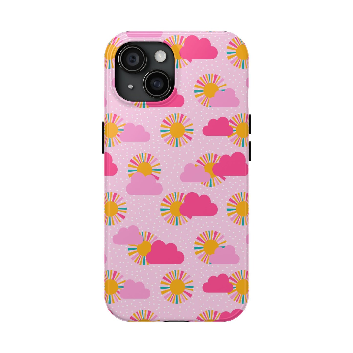 Phone case with pink clouds and suns on a light pink background