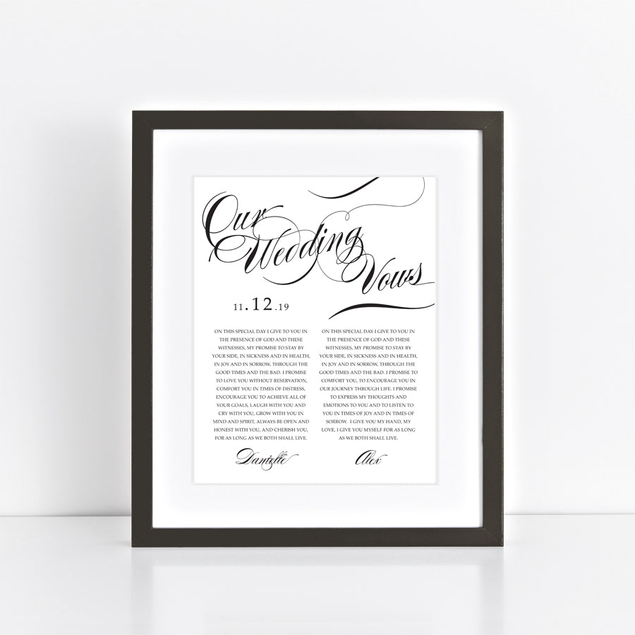 black and white wedding vow print with elegant font in frame