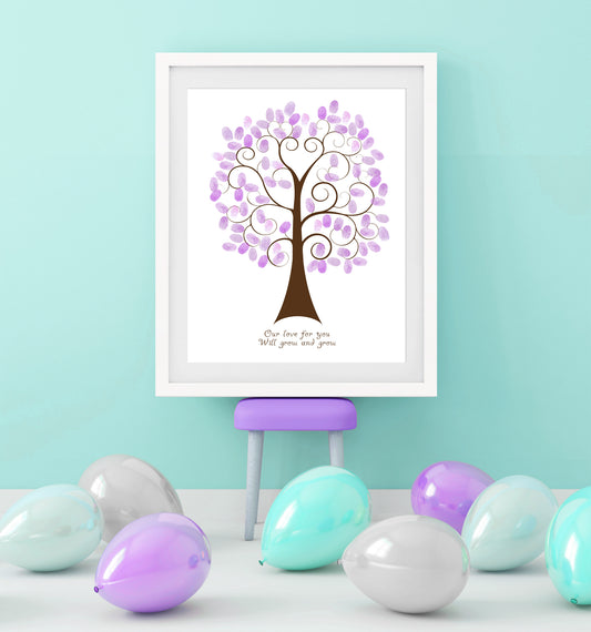 frame in a room at a party with whimsical design features a curly swirly tree where guests leave their fingerprints 