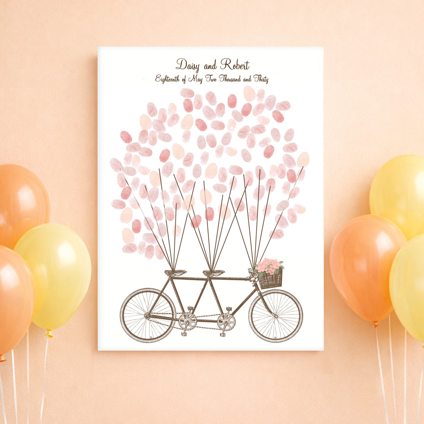 Decorative guestbook print of a tandem bicycle with pink balloons on a peach background with balloons.
